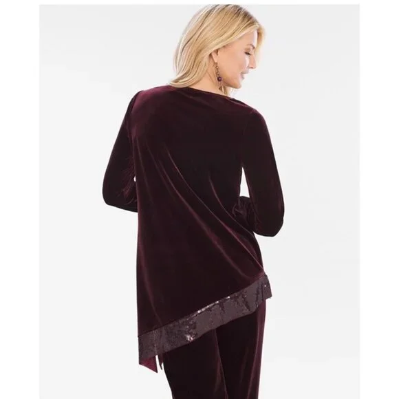 Chico's Travelers Collection Burgundy Velour Velvet Sequin Trim Tunic Top - Picture 12 of 13